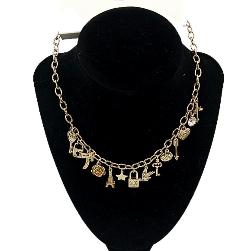 Forever 21 Gold Tone Charm Necklace Travel Love Paris Lock Key Heart Charm Chain